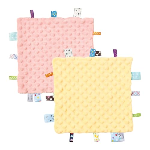 Image of CREVENT Soft Baby Lovey Security Blanket, Small Plush Comfort Blanket for Baby Girls, Sensory Soothing Toy, Newborn, 10 inch x 10 inch 2pcs