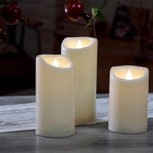 Image of CANDLE CHOICE Outdoor Battery-Operated Flameless Candles with Remote Timer Waterproof Flickering Plastic Electric LED Pillar Lights for Lantern Patio Garden Wedding Halloween Christmas 3x5,6,7 inch 3 Pack