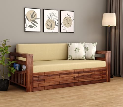 Image of Sheesham Wooden Sofa Cum Bed for Living Room with Side Pocket Storage - 3 Seater Sofa Cum Bed with Storage - 3 Person Sofa Cuma Bed Wooden with Premium Cushion Seating (Honey)