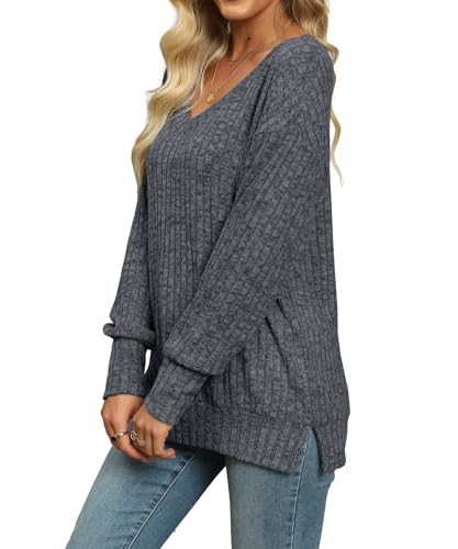 Image of Womens Sweaters V Neck Long Sleeve Shirts Loose Casual Fall Fashion Sweatshirts