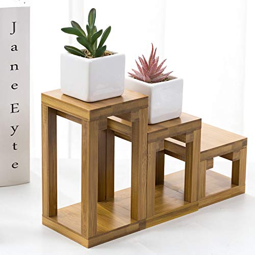 Mygift Mid Century Bamboo Wood Various Height Display Riser, Mini Desktop Plant Stand, Jewelry Display Pedestal Stand, 3 Piece Set #TOP4