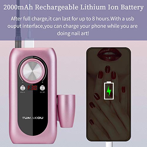 Portable Electric Nail Drill Machine - TUMAKOU 30000RPM Professional Rechargeable Electric Nail E File Filer - 2000mAh Power Bank - Nail Drills Files Set Kit for Acrylic Nails Gel Natural Nail - Thumbnail 5
