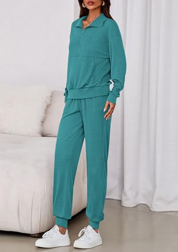 Image of PRETTYGARDEN Women 2 Piece Ribbed Knit Matching Lounge Sets | Comfy Sweat Track Suits, Athleisure Casual Outfit, Half Zip Sweatshirt & Jogger Pants, Fall Winter Clothes for Airport Travel