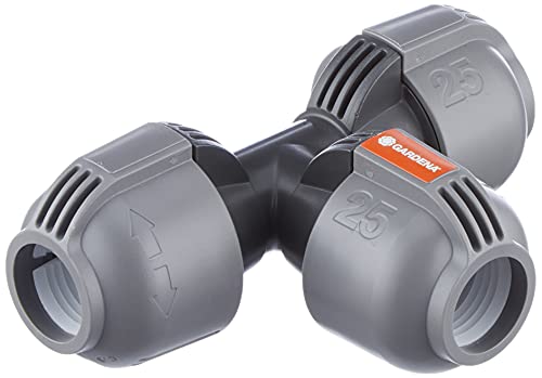 Dérivation en T de Gardena : raccord de tuyau pour dérivation du tuyau de pose, 25 mm, compatible avec les tuyaux de pose 25 mm de Gardena, montage sans outils (2771-20)