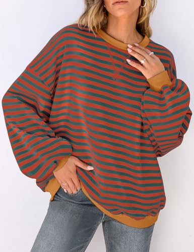 Image of UEU Women Oversized Striped Crewneck Sweatshirt Long Sleeve Color Block Pullover Tops Casual Loose Workout Shirt