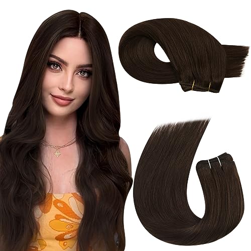 Moresoo Weft Hair Extensions Real Human Hair Chocolate Brown 20 Inch Full Head Double Weft Sew in Hair Extensions Remy Hair Straight 100g/Pack #4