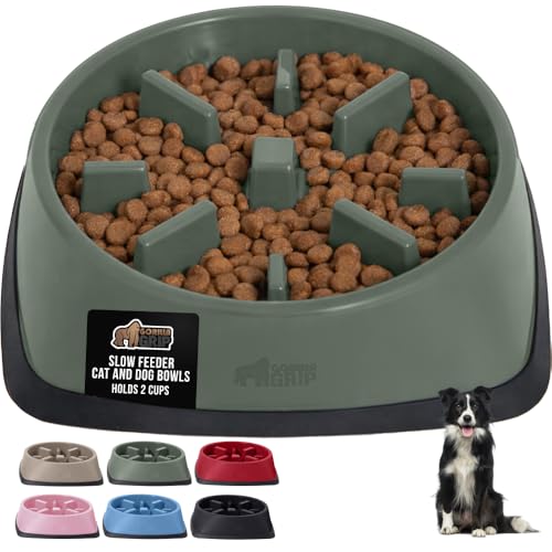 GORILLA GRIP® Patented BPA Free Slow Feeder Dog Bowls, Interactive Puzzle Toy for Dogs and Cats Food Training Enrichment, Keeps Pets Busy and Prevents Puppy Overeating, All Breeds, 2 Cup, Sage Green