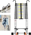 Wolec 19 FT Telescoping Ladder with Hooks, Adjustable Multi-Purpose Collapsible Extension with Stabilizers & Wheels, Heavy Duty 330 lbs Max Capacity, Ideal for Home and Outdoor Work,Silver