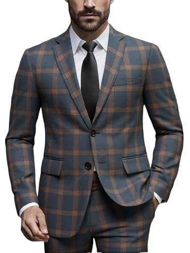 Men's Plaid Suit 2-Piece Slim Fit, One Button Tuxedo Blazer Vest Pants, Business Formal
