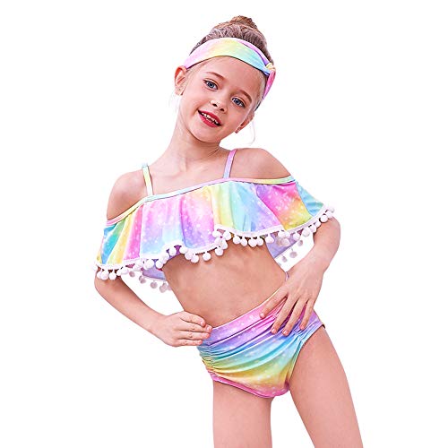 Mhjy Girls Swimsuit 2-Piece Swimwear Bikini Tankini Beachwear Bathing Suit With Hairband,5-6 Years,Colorful Rainbow #TOP1