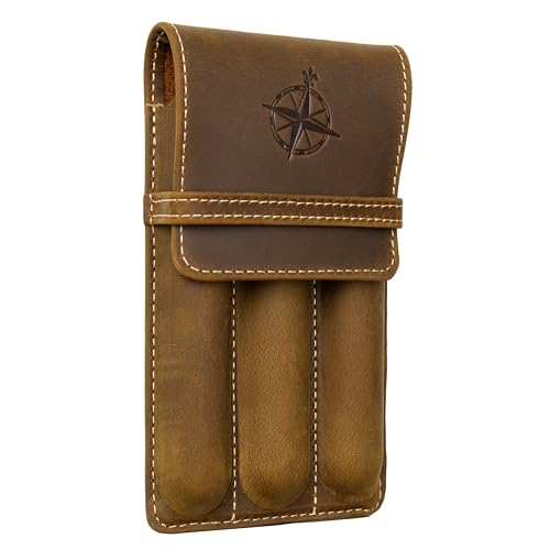 WANDERINGS Vintage Leather 3-Slot Pen Pouch – Handcrafted Brown Pen Case – Individual Leather Pen Sleeves for Fountain Pens, Rollers & Ballpoints – Pen Holder for Men and Women – 3.4
