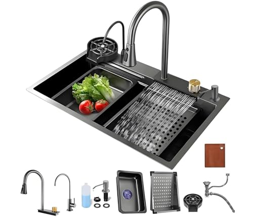 Image of Wallace 304 Grade Black Single Bowl Multifunction Kitchen Sink 24x18x10 Inches | Stainless Steel Workstation Sink with Integrated Waterfall Cup Washer Drain Basket RO Tap & Pull Down Faucet