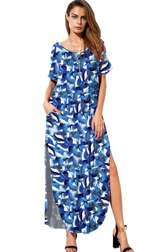 Image of GRECERELLE Women's Summer Maxi Dress Casual Loose V Neck Short Sleeve Side Split Long Dresses with Functional Pockets