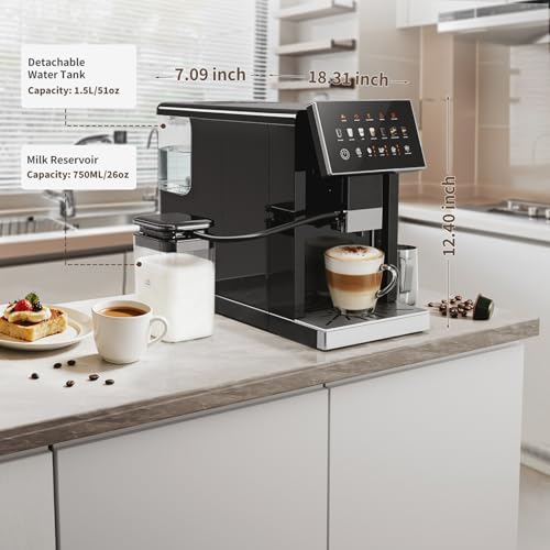 Image of Kismile Automatic Espresso Machine with Grinder & Milk Frother, Latte & Cappuccino Maker, Single /Double Cup, Thickness Adjustment, 1.5L Removable Water Tank