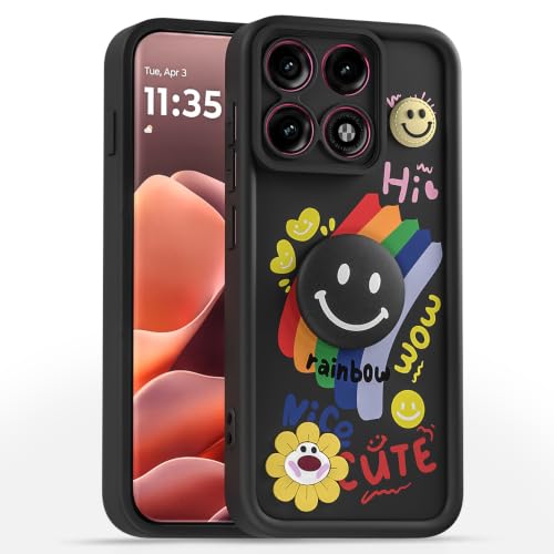 Image of Pikkme Back Cover for Motorola Moto Edge 70 Pro 5G | Soft Silicone| Cute Rainbow Smile & 3D Cartoon Flower Design | Shockproof Raised Camera Protection Bumper Case (Black)