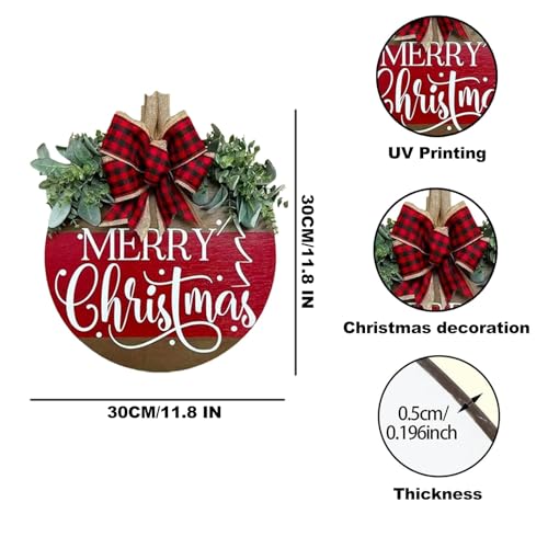 Image of Merry Christmas Wreath Hanging Sign for Front Door, Wooden Welcome Wreaths Sign with Bow for Holiday Rustic Farmhouse Outdoor Wall Window Decor (Merry Christmas)
