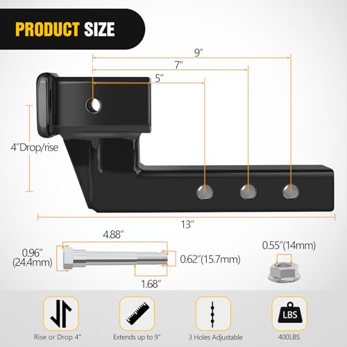 Image of Nilight Trailer Hitch Extension Riser for 2 Inch Receiver with 4 inch Rise or Drop with Bolt Nut Clip 7,500 lbs Capacity Adjustable Extend 5 inch 7 inch 9 inch Length Matte Black Powder Coated