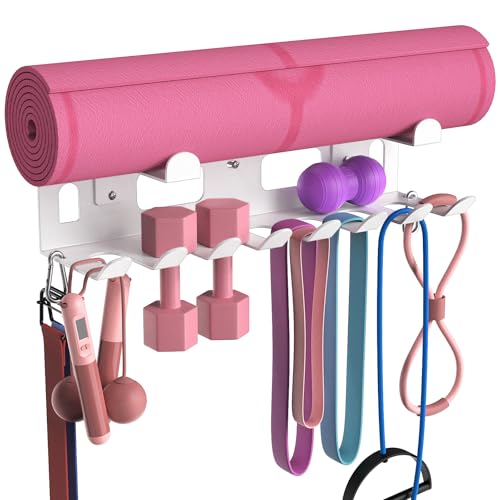 KHAMAL Multi-Purpose Gym Equipment Storage Rack For Resistance Bands - Gym Wall Storage For Exercise Bands, Yoga mat, Jump Ropes, Weight Belts, Straps, Hula Hoop (White)