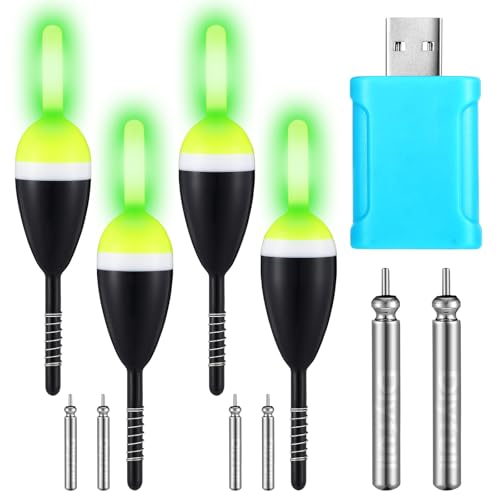 Grinsvalley 4 Pcs Lighted Slip Bobbers Fishing Floats Weights Glow in The Dark Spring Bobber with Green Light Tail with 6 Battery & 1 Battery Charger for Crappie Walleyes Night Fishing(2345g)