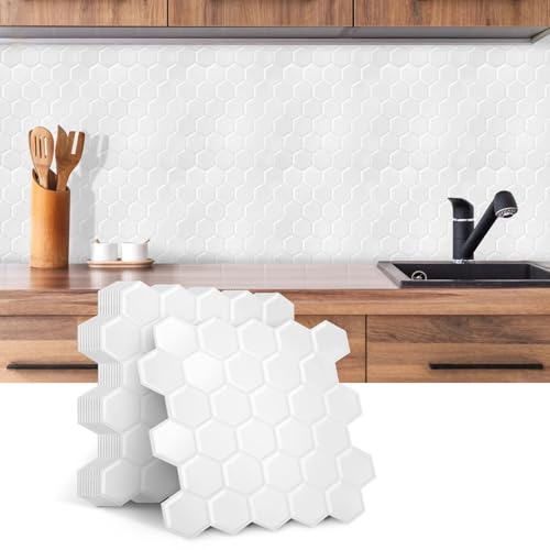 ISOISL Azulejos adhesivos autoadhesivos, impermeables y resistentes al calor, adhesivos para azulejos para cocina y baño, fáciles de limpiar (juego de 10, diseño hexagonal, blanco)
