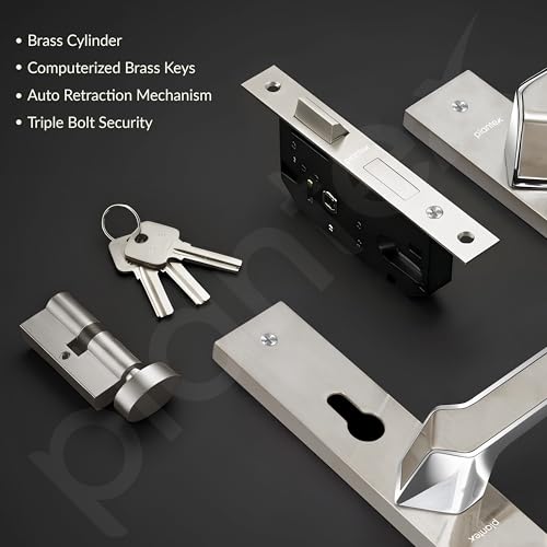 Image of Plantex Heavy-Duty Door Lock /Door Handle Set with 3 Years of Warranty /Mortise Lock with 3 Keys, Brass Lockbody & Cylinder (8133 - Satin Steel & Chrome)