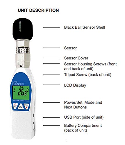 Sper Scientific Wet Bulb Globe Heat Stress Meter 800036 - WBGT Heat Index Monitor with Air Temperature Humidity & Globe Temperature for Workplace Sports & Outdoor Activities