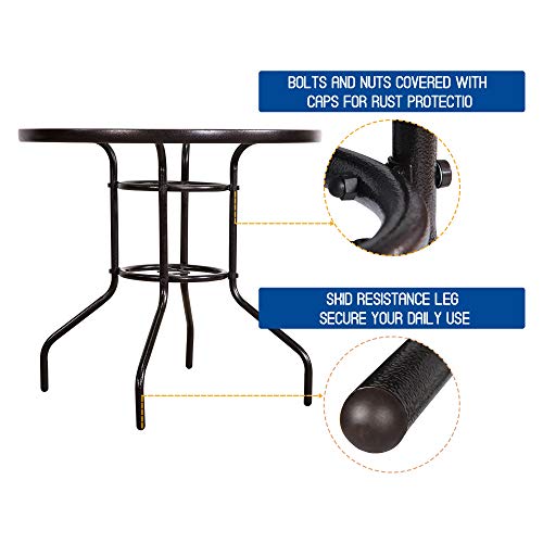 Homevibes 32" Outdoor Patio Dining Table Tempered Glass Top Bistro Table Top Umbrella Stand Round Deck Furniture Garden Table Metal Frame, Dark Chocolate #TOP5
