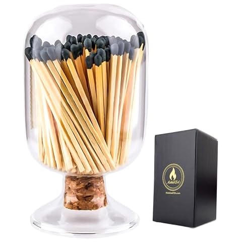 Includes Matches! | Decorative Glass Matches Cloche | Bottle Jar Fireplace Candle Match Holder Gift Set (Black) Cover