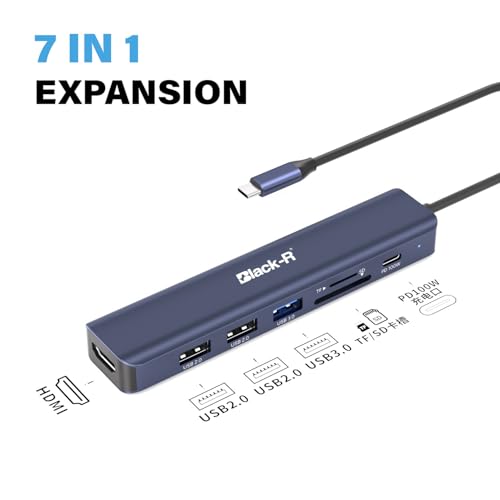 Image of Black-R USB C Docking Station (7-in-1), 100W Power Delivery, 4K HDMI, USB 3.0, 2*USB 2.0 Ports, SD /Micro SD Card Slot Adapter for Laptops /Tablets with Type-C Port