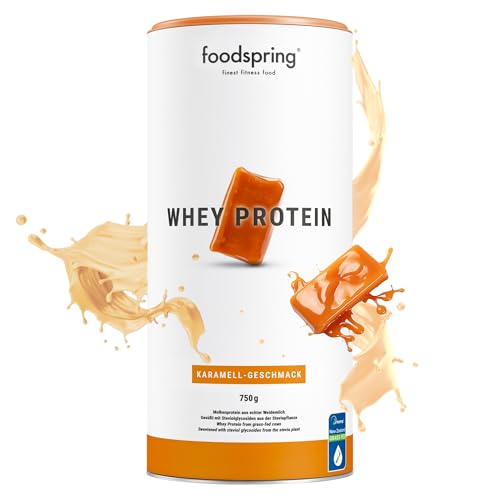 foodspring - Proteína de suero en polvo caramel - Con 24 g de proteína de construcción muscular, solubilidad perfecta, ultrafiltrada y procesada en frío, rica en BCAA y EAA - nueva receta (750 g)