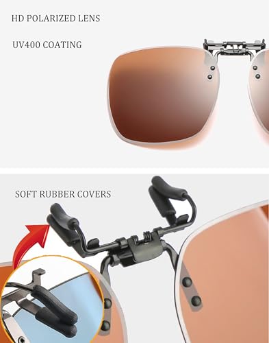 Image of Polarized Clip on Sunglasses over Prescription Glasses Unisex, Large Size 60 * 53MM UV400 Flip-up Clip-on Shades (Brown)