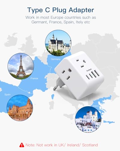Image of 2 Pack European Travel Plug Adapter, International Power Plug Adapter with 3 Outlets 4 USB Charging Ports(2 USB C), Type C Plug Adapter Travel Essentials to Most Europe EU Spain Italy France Germany