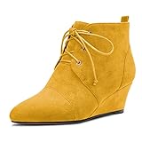 Saekcted Femmes Compensé Mi Talon Heel Bottines Lacets Fermé Rond Bout Slip-on 5 CM Heels Chaussures Jaune Suède 40 EU