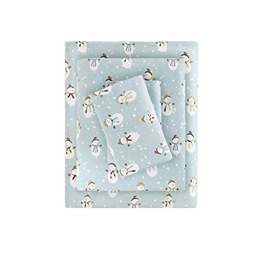 Image of Sleep Philosophy True North Cozy Flannel Warm 100% Cotton Sheet - Novelty Print Animals Stars Cute Ultra Soft Cold Weather Bedding Set, Queen, Blue Snowmen 4 Piece
