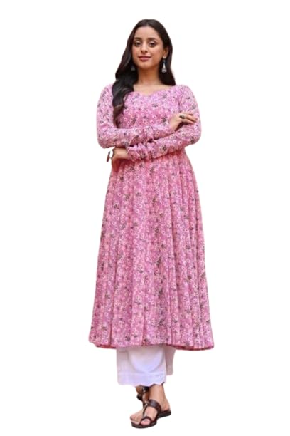 Women’s Pink Printed Georgette Long Kurti with Flared Sleeves (in, Alpha, M, Regular)