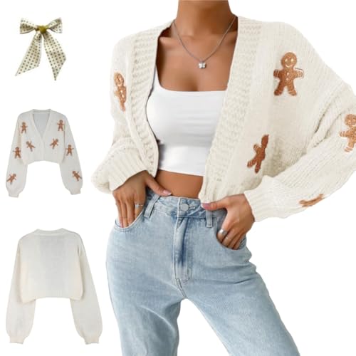 Gingerbread Cardigan Women,Christmas Open Front Cropped Cardigan Sweaters,Casual Cute Cartoon Print Drop Shoulder Knit Coat