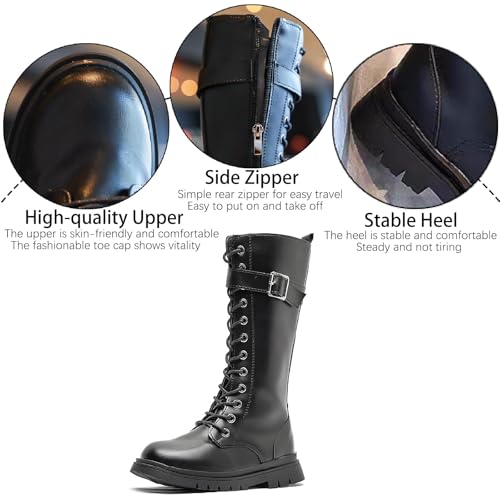 Boys Girls Combat Boots Lace Up Girls' Goth Side Zipper PU Leather Punk Booties Waterproof Mid Calf Riding Winter Boot for Toddler/Little Kid/Big Kid3