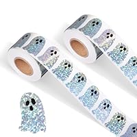 Tinoaly 1000pcs Halloween Ghost Stickers Roll, Iridescent Cute Ghost Stickers Waterproof Self-Adhesive Halloween Holographic Decals for Envelope Journal Scrapbooks Party Decor Gifts