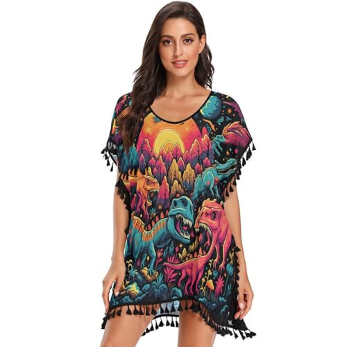 KAAVIYO Colorful Angry Dinosaurs Women's Beach Cover Up Chiffon Tassel Swimwear Swimsuit Coverups for Girl