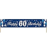 Large Happy 60th Birthday Banner,BTZO Blue Silver 60th Birthday Banner Sign Fabric Photo Backdrop...