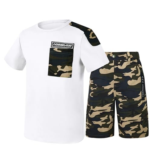 Image of LOLANTA Boy Summer Outfit Casual Clothes 2Pcs Cotton T-shirt Shorts Set | Kids Short Sleeve T-Shirt, Boy Camouflage Knee-length Shorts, Breathable Fashion Outfits, School Daily Matching Clothing Sets