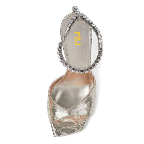 FSJ Women Square Open Toe Heeled Sandals Crystal Chain Ankle Strap Pumps Rhinestone Buckle Jewel Chunky High Heels Party Bridal Shoes Size 4-16 US4