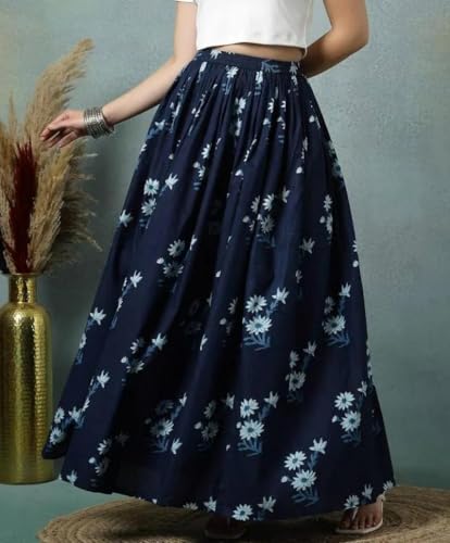 Image of Women's Floral Print Maxi Skirt, Maroon Red, 100% Pure Cotton, Elastic Waist, Full Length, Breathable Fabric