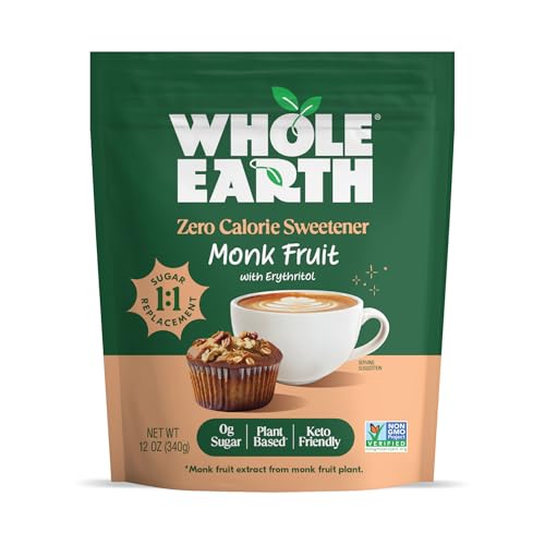 WHOLE EARTH Monk Fruit Sweetener with Erythritol, Plant-Based Sugar Alternative, 12 Ounce Pouch