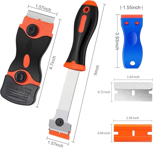 Image of Razor Blade Scraper Tool, 3 Pack with 50 Plastic & 30 Metal Razor Blades, Cleaning Scraper for Removing Label, Registration Sticker, Tint, Grease from Windshield, Appliance, Glass