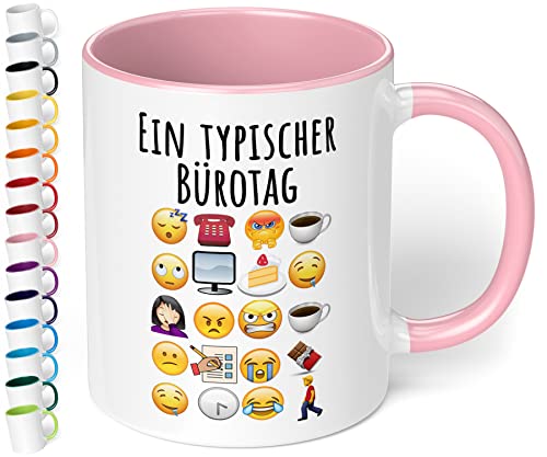 Lustige Büro Tasse Ein typischer Bürotag - lustige Kaffee-Tasse mit Spruch Emoticon Kaffeebecher, Geschenk für Mitarbeiter Kollegen Büro Arbeit Homeoffice Geburtstag Weihnachten (Rosa) Cover