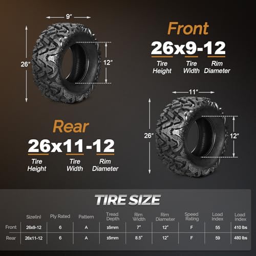Image of TUFFIOM 26x9-12&26x11-12 Set of 4 for All Terrains, Mud Sand Off-road ATV UTV Tire for Trail Vehicles, 6 PR, Deep Tread, Tubeless