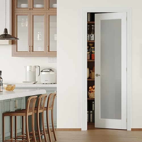 Image of Pantry Door, 28 inch x 80 inch with Prehung Door Jamb, Right-Handed Interior Door, 1-Lite Frosted Glass, White MDF with Hardware Kit