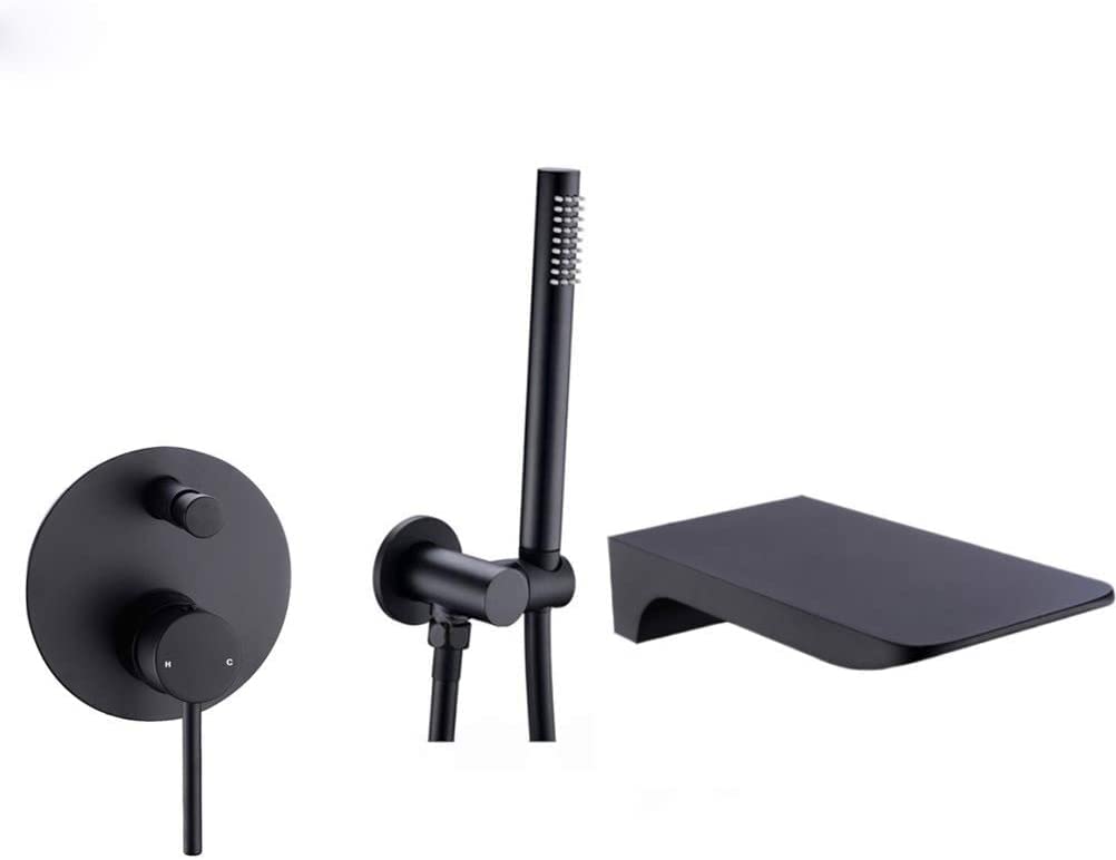SnamicE Bathtub Faucet with Shower, Brass Tub Taps with Shower, Waterfall Hot Cold Mixer Tap with Valve Trim Kit and Hand Held Sprayer Head Bathtub Faucet with Hand Shower and Show,Matte Black