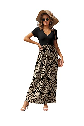 Image of GRECERELLE Womens Summer Long Maxi Dresses 2026 Short Sleeve V Neck Casual Button Dress with Pockets